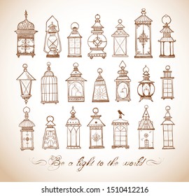 Set of rustic lanterns in vintage style. Big collection of old lamps.