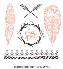 Set Of Rustic Logo Elements - Arrows, Branches And Feathers. Hand Drawn Vintage Vector Design Elements.