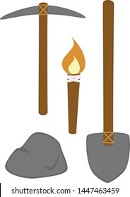Set of rustic mining tools, cartoon style - includes a shovel, a pickaxe, a torch, and a rock.  Vector art.