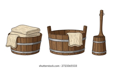 Conjunto de antiguos cubos de madera rústicos y un cucharón con toallas de lino para el baño de sauna tradicional o temas de la vida del pueblo.