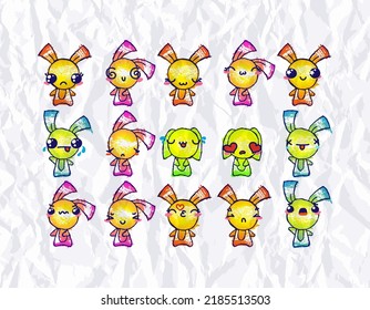 Set of Rustic Rabbits with Emoticons. Doodle faces, eyes and mouth. Caricature comic expressive emotions, smiling, crying and surprised character face expressions. Isolated vector