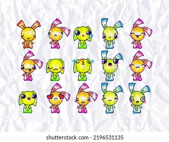 Set of Rustic Rabbits with Emoticons. Doodle faces, eyes and mouth. Caricature comic expressive emotions, smiling, crying and surprised character face expressions. Isolated vector illustration icons