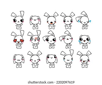 Set of Rustic Rabbits with Emoticons. Doodle faces, eyes and mouth. Caricature comic expressive emotions, smiling, crying and surprised character face expressions. Isolated vector illustration icons