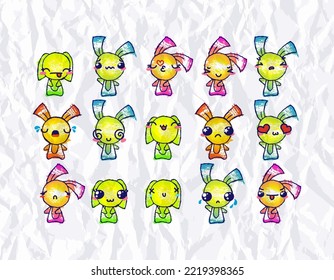 Set of Rustic Rabbits with Emoticons. Doodle faces, eyes and mouth. Caricature comic expressive emotions, smiling, crying and surprised character face expressions. Isolated vector illustration icons
