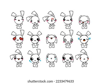 Set of Rustic Rabbits with Emoticons. Doodle faces, eyes and mouth. Caricature comic expressive emotions, smiling, crying and surprised character face expressions. Isolated vector illustration icons