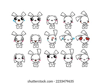Set of Rustic Rabbits with Emoticons. Doodle faces, eyes and mouth. Caricature comic expressive emotions, smiling, crying and surprised character face expressions. Isolated vector illustration icons