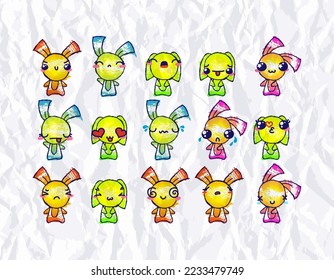Set of Rustic Rabbits with Emoticons. Doodle faces, eyes and mouth. Caricature comic expressive emotions, smiling, crying and surprised character face expressions. Isolated vector illustration icons