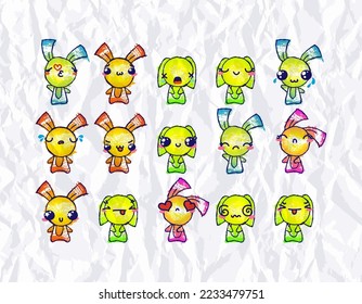 Set of Rustic Rabbits with Emoticons. Doodle faces, eyes and mouth. Caricature comic expressive emotions, smiling, crying and surprised character face expressions. Isolated vector illustration icons