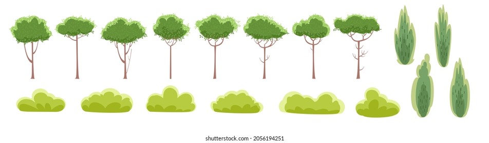 Set. Rustikale Sommer schöne Pflanzen. Cartoon-Stil. Sommer. Bäume und Sträucher. Einzeln auf weißem Hintergrund. Romantische Schönheit. Flaches Design, Illustration. Vektorkunst.
