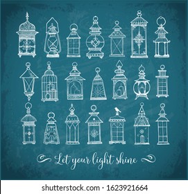 Set of rustic vintage lanterns on blackboard background. Big collection of old lamps