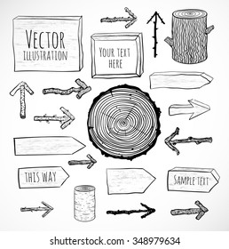 Set of rustic wooden backgrounds and objects hand drawn in sketchy style isolated on white background