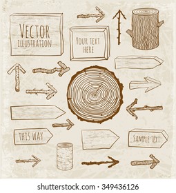 Set of rustic wooden backgrounds and objects hand drawn in vintage sketchy style