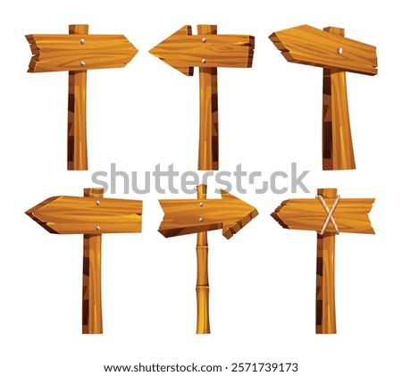 Set of rustic wooden directional arrow signposts with textures. Vector cartoon illustration