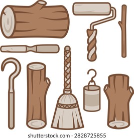 Set of rustic wooden objects featuring tree trunks, a broom, paint roller, crowbar, paint can and chisel. Hand drawn style collection of nature materials and tools.