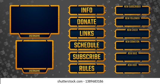 Set of rusty orange gaming panels and overlays for live streamers. Old metal alerts and buttons. 16:9 and 4:3 screen resolution. Eps10 vector 