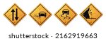 Set Rusty Yellow Sign. Two Way, Falling Rocks, Slippery Road, And Landslide Sign. Vector Illustration