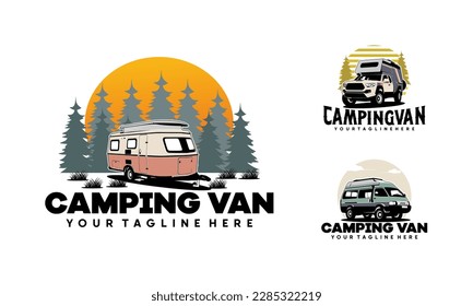 Set of RV camper van classic style logo vector illustration, Perfect for RV with pine forest