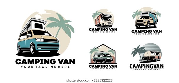 Set of RV camper van classic style logo vector illustration, Perfect for RV with Palm tree, Summer theme