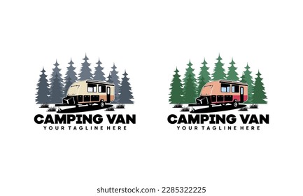 Set of RV camper van classic style logo vector illustration, Perfect for RV with pine forest