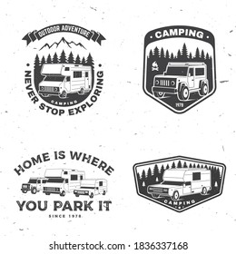 Set of rv camping badges, patches. Vector illustration. Concept for shirt or logo, print, stamp or tee. Vintage typography design with RV Motorhome, camping trailer and off-road car silhouette.