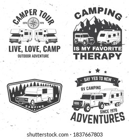 Set of rv camping badges, patches. Vector illustration. Concept for shirt or logo, print, stamp or tee. Vintage typography design with RV Motorhome, camping trailer and off-road car silhouette.