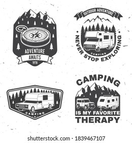 Set of rv camping badges, patches. Vector illustration. Concept for shirt or logo, print, stamp or tee. Vintage typography design with RV Motorhome, camping trailer and off-road car silhouette.