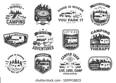 Set of rv camping badges, patches. Vector illustration. Concept for shirt or logo, print, stamp or tee. Vintage typography design with RV Motorhome, camping trailer and off-road car silhouette.