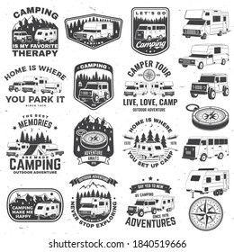 Set of rv camping badges, patches. Vector illustration. Concept for shirt or logo, print, stamp or tee. Vintage typography design with RV Motorhome, camping trailer and off-road car silhouette.