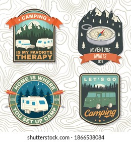 Set of rv camping badges, patches. Vector. Concept for shirt or logo, print, stamp or tee. Vintage typography design with RV Motorhome, camping trailer and off-road car silhouette.