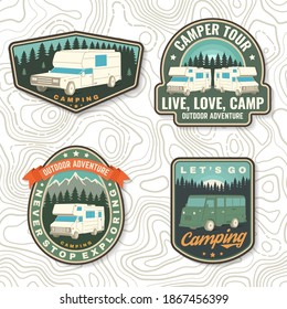 Set of rv camping badges, patches. Vector. Concept for shirt or logo, print, stamp or tee. Vintage typography design with RV Motorhome, camping trailer and off-road car silhouette.