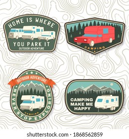 Set of rv camping badges, patches. Vector. Concept for shirt or logo, print, stamp or tee. Vintage typography design with RV Motorhome, camping trailer and off-road car silhouette.