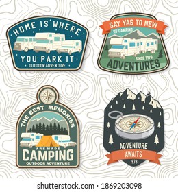 Set of rv camping badges, patches. Vector. Concept for shirt or logo, print, stamp or tee. Vintage typography design with RV Motorhome, camping trailer and off-road car silhouette.