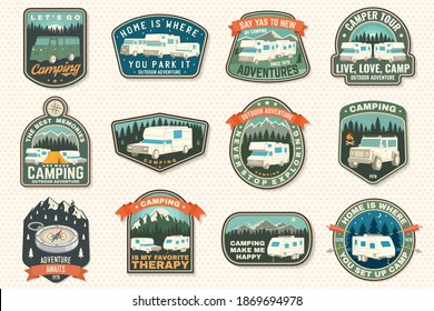 Set of rv camping badges, patches. Vector. Concept for shirt or logo, print, stamp or tee. Vintage typography design with RV Motorhome, camping trailer and off-road car silhouette.