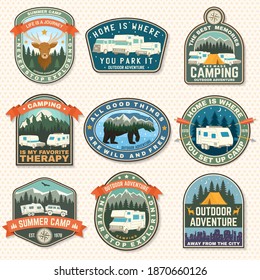Set of rv camping badges, patches. Vector. Concept for shirt or logo, print, stamp or tee. Vintage typography design with RV Motorhome, camping trailer and off-road car silhouette.