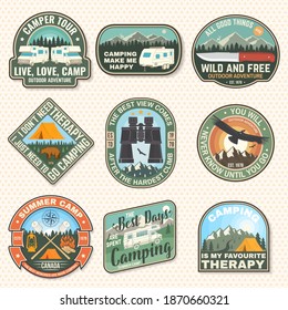 Set of rv camping badges, patches. Vector. Concept for shirt or logo, print, stamp or tee. Vintage typography design with RV Motorhome, camping trailer and off-road car silhouette.