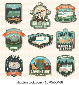 Set of rv camping badges, patches. Vector. Concept for shirt or logo, print, stamp or tee. Vintage typography design with RV Motorhome, camping trailer and off-road car silhouette.