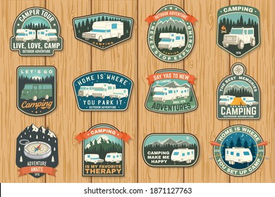 Set of rv camping badges, patches. Vector Concept for shirt or logo, print, stamp or tee. Vintage typography design with RV Motorhome, camping trailer and off-road car silhouette.