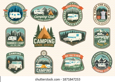 Set of rv camping badges, patches. Vector. Concept for shirt or logo, print, stamp or tee. Vintage typography design with RV Motorhome, camping trailer and off-road car silhouette.