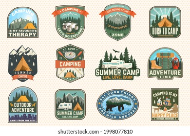 Set of rv camping badges, patches. Vector Concept for shirt or logo, print, stamp or tee. Vintage typography design with RV Motorhome, camping trailer and off-road car silhouette.