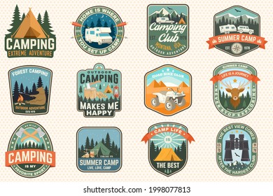 Set of rv camping badges, patches. Vector Concept for shirt or logo, print, stamp or tee. Vintage typography design with RV Motorhome, camping trailer and off-road car silhouette.