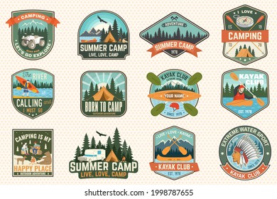 Set of rv camping badges, patches. Vector Concept for shirt or logo, print, stamp or tee. Vintage typography design with RV Motorhome, camping trailer and off-road car silhouette.