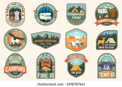 Set of rv camping badges, patches. Vector Concept for shirt or logo, print, stamp or tee. Vintage typography design with RV Motorhome, camping trailer and off-road car silhouette.