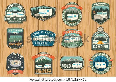 Set of rv camping badges, patches. Vector Concept for shirt or logo, print, stamp or tee. Vintage typography design with RV Motorhome, camping trailer and off-road car silhouette.