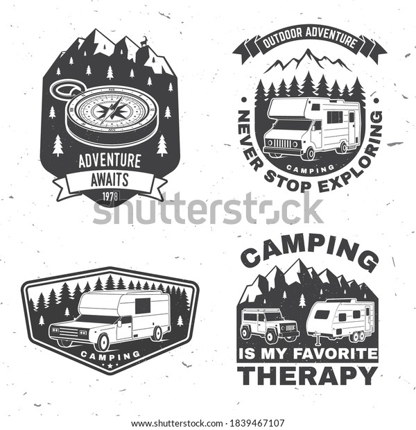 Set of rv camping badges, patches. Vector\
illustration. Concept for shirt or logo, print, stamp or tee.\
Vintage typography design with RV Motorhome, camping trailer and\
off-road car silhouette.