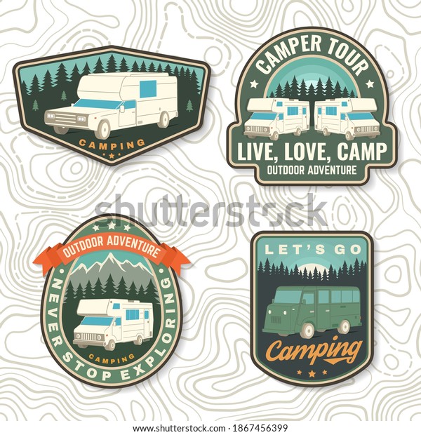 Set of rv\
camping badges, patches. Vector. Concept for shirt or logo, print,\
stamp or tee. Vintage typography design with RV Motorhome, camping\
trailer and off-road car\
silhouette.