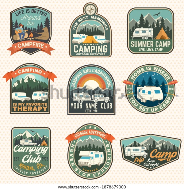 Set of rv camping badges,\
patches. Vector. Concept for shirt or logo, print, stamp or tee.\
Vintage typography design with RV Motorhome, camping trailer\
silhouette.