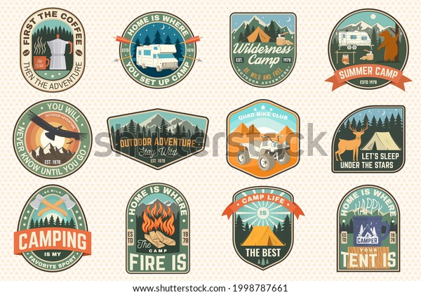 Set of rv\
camping badges, patches. Vector Concept for shirt or logo, print,\
stamp or tee. Vintage typography design with RV Motorhome, camping\
trailer and off-road car\
silhouette.