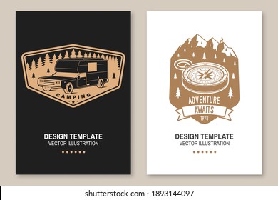 Set of rv camping badges, posters, banners, flyers. Vector Concept for shirt or logo, print, stamp or tee. Vintage typography design with RV Motorhome, camping trailer and off-road car silhouette.