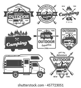 Set of rv camping, outdoor recreation with mountains and camper van vector monochrome labels, emblems, badges and design elements isolated on white background