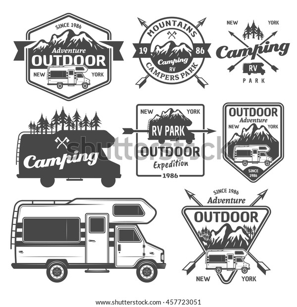 Set Rv Camping Outdoor Recreation Mountains Stock Vector (Royalty Free ...